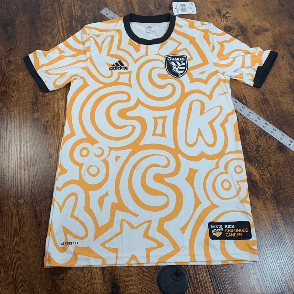 Adidas White/Gold SJ Quakes 2021 MLS Works Kick Childhood Cancer Men Small NWT
